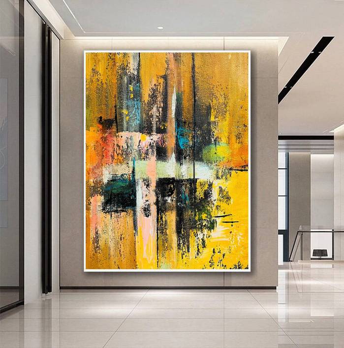 Brown Handmade Hand-painted Contemporary Yellow Abstract Canvas Artwork Z06QW